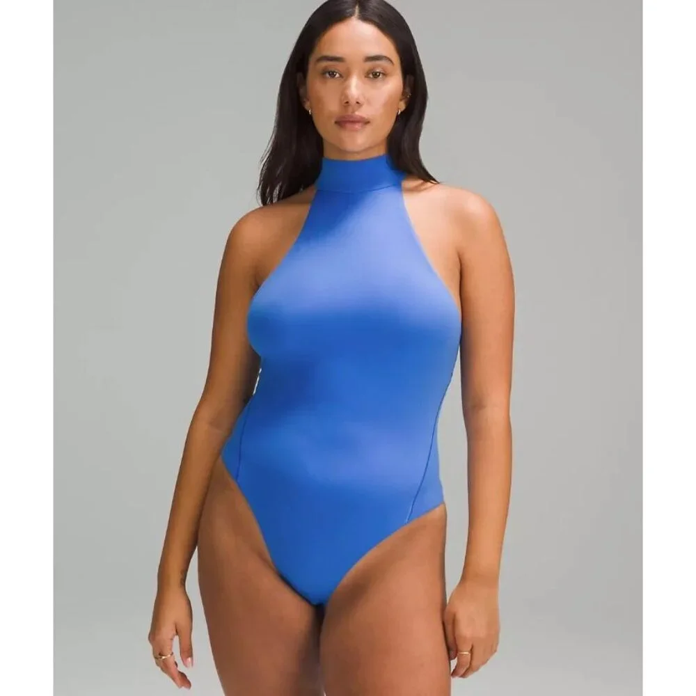 Lululemon Wundermost Ultra Soft Nulu Mock Neck Bodysuit Medium Sleeveless Blue - Picture 1 of 15